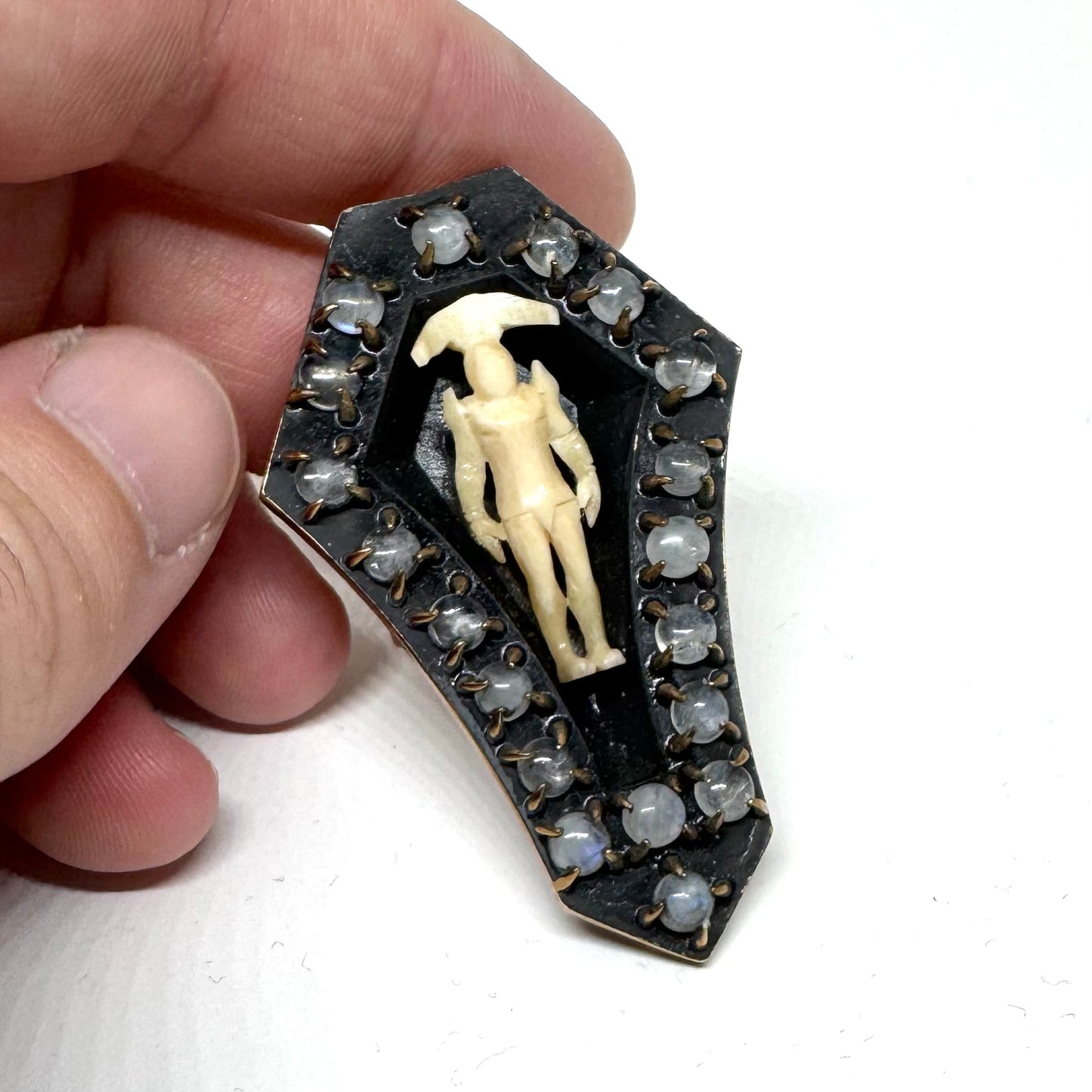 Coffin Ring in Bronze and Moonstone And Horn