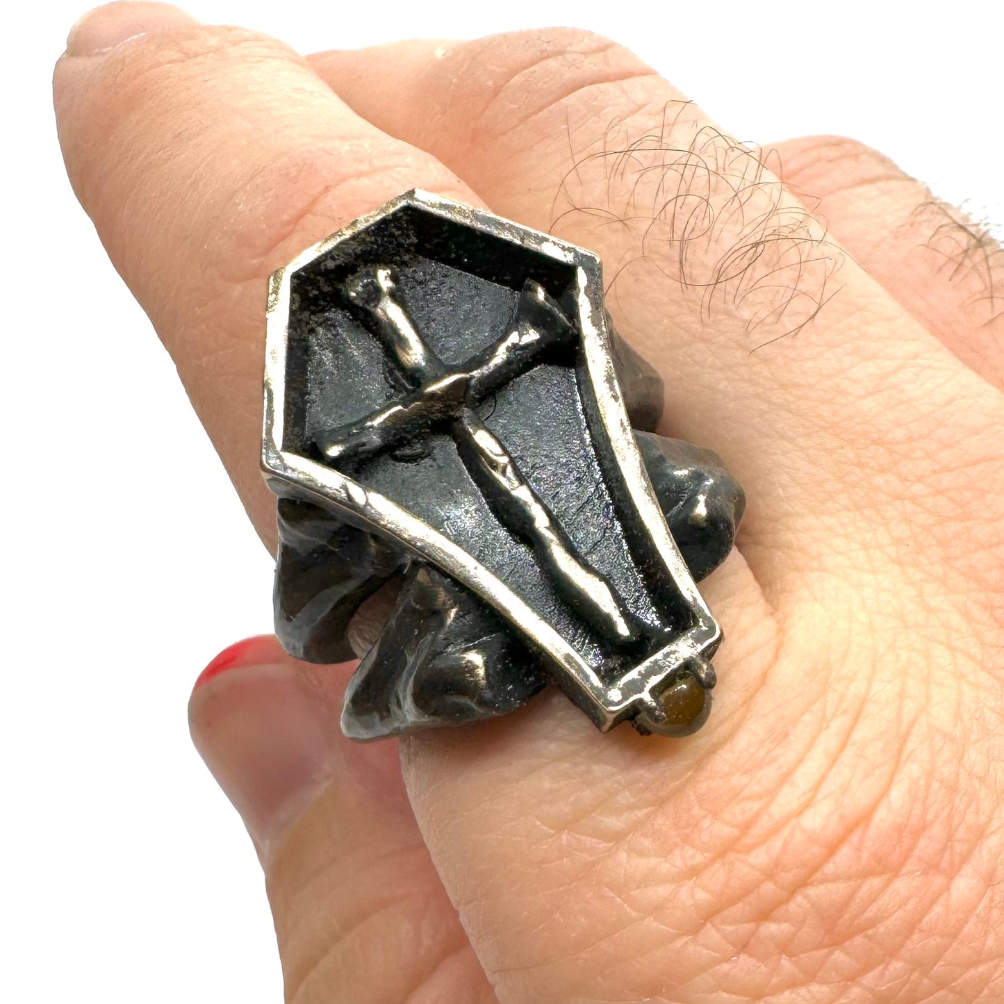 Morrigan's Mark Bronze Coffin Bone Cross Bone Peridot Cab Band Brutalist Ring