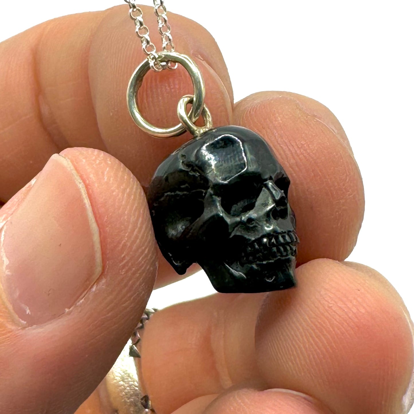 Carved Ebony Skull Necklace Sterling Silver