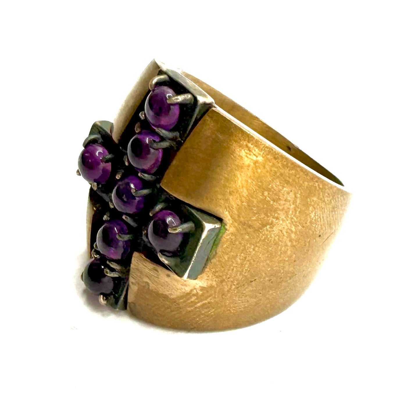 Amethyst Sterling Silver Cross Brutalist Bronze Ring