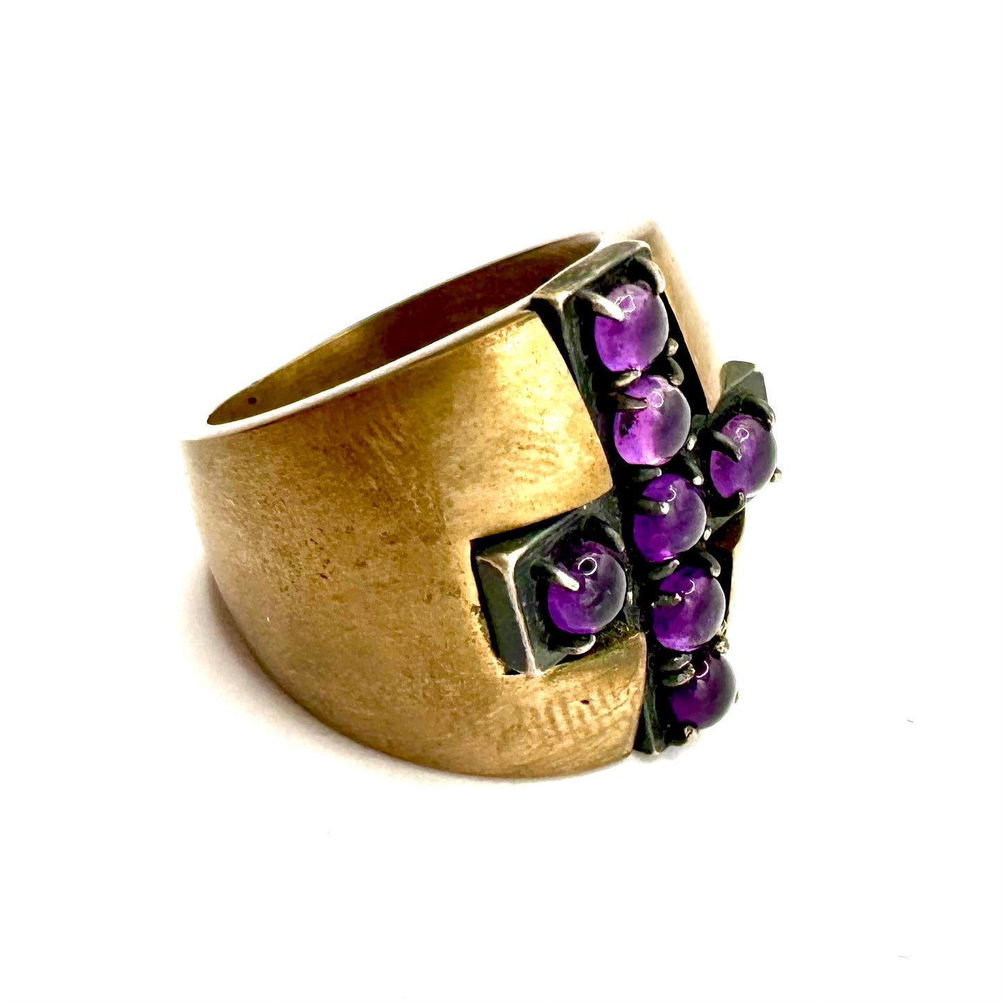 Amethyst Sterling Silver Cross Brutalist Bronze Ring