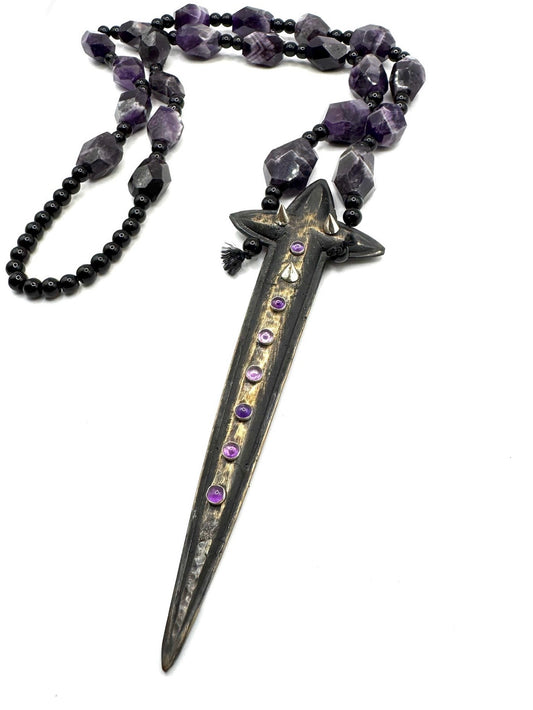 Sword Cross and Amethyst and Silver Spikes in Bronze Necklace