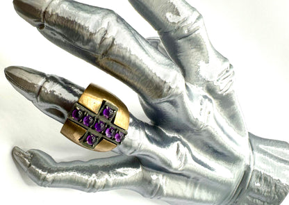 Amethyst Sterling Silver Cross Brutalist Bronze Ring