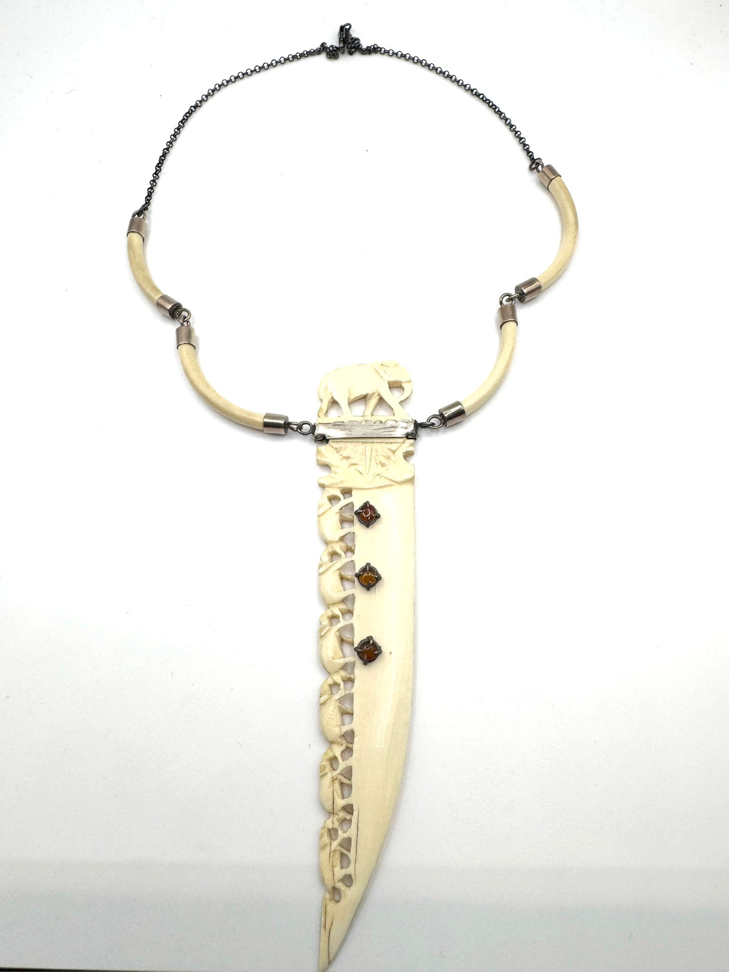 Dagger Amulet In Carved Bone And Amber accents in Sterling Silver