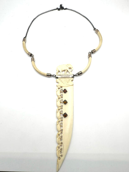 Dagger Amulet In Carved Bone And Amber accents in Sterling Silver