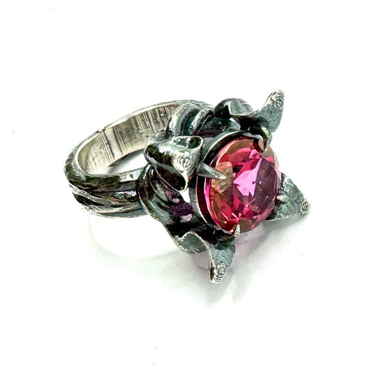 Temple of Minoan Sterling Azotic Pink Topaz Silver Ring with Ouroboros Band