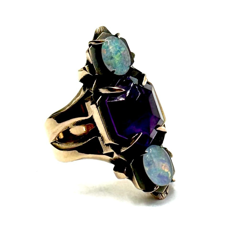 Shadowcaster Bronze Austrlian Opal and Amethyst Brutalist Ring