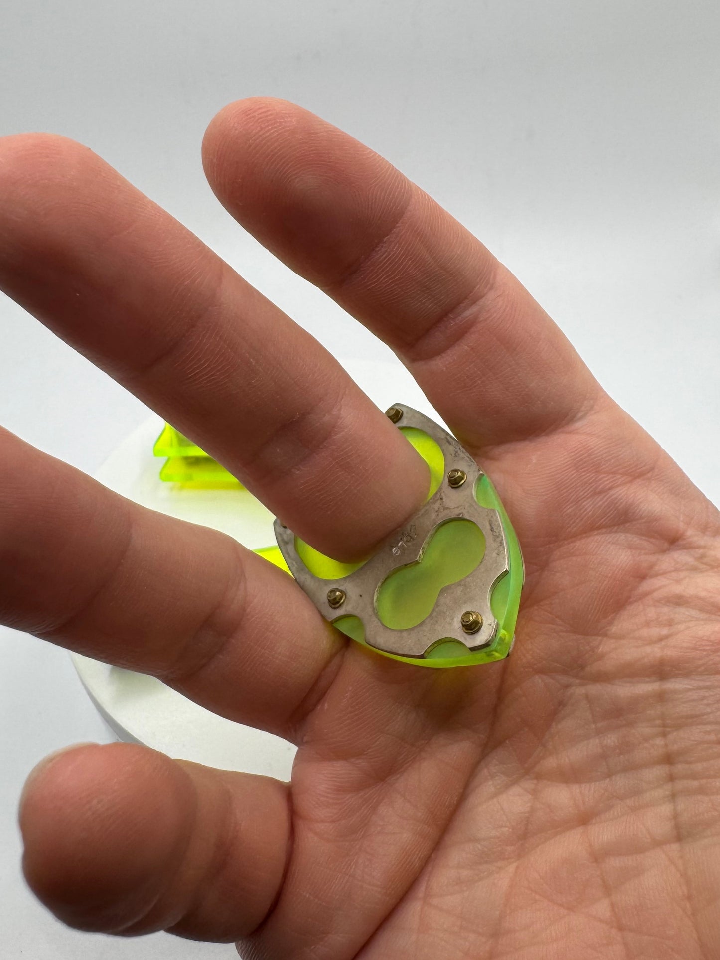 Geometric Brooch Ring In Fluorescent Acrylic and Sterling Silver