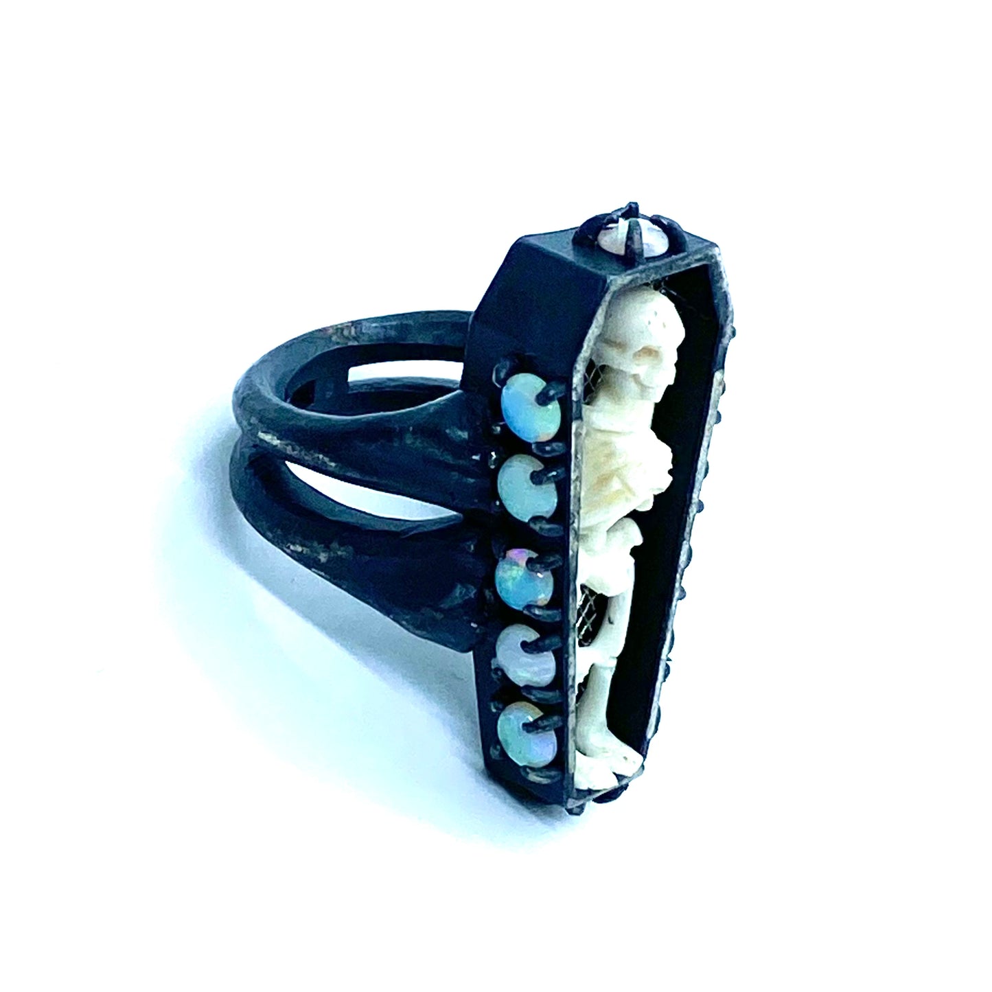 Azrael’s Engill Coffin Ring in Sterling Silver and Welo Opals