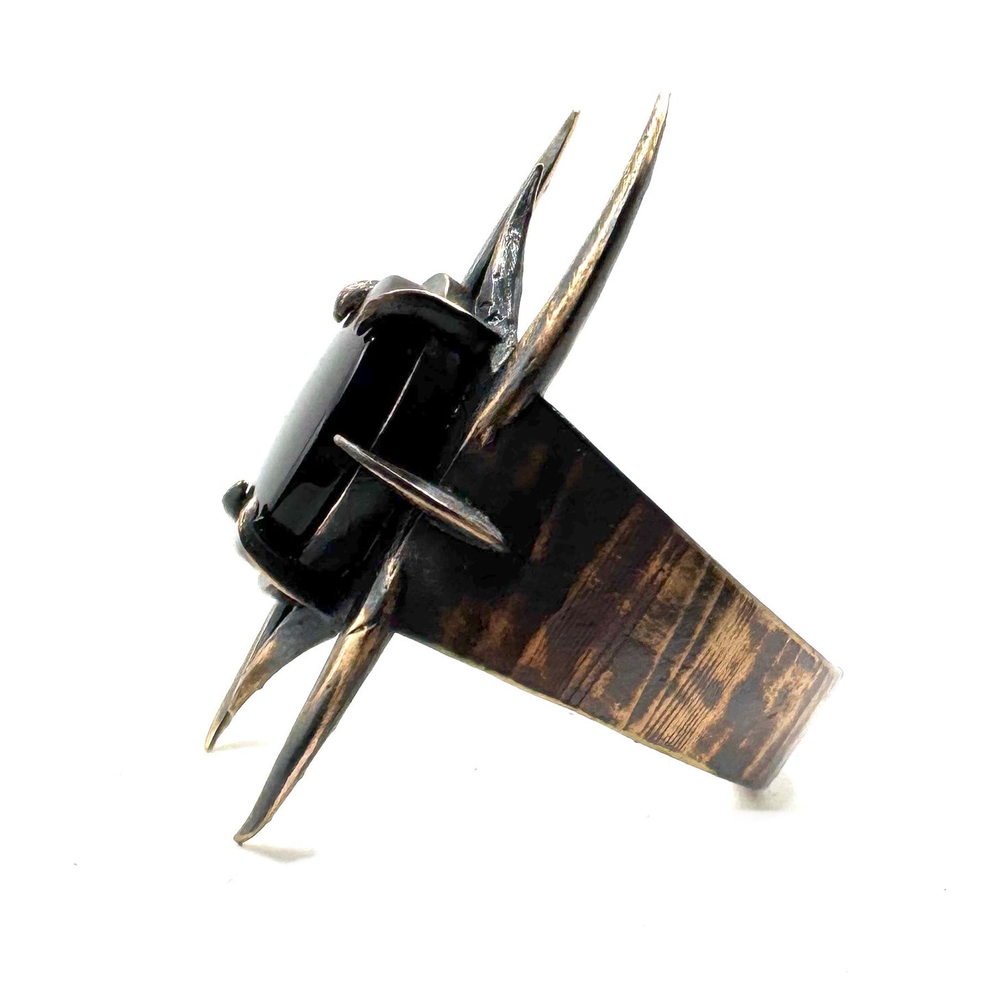 Spine Bronze Black Onyx Brutalist Ring