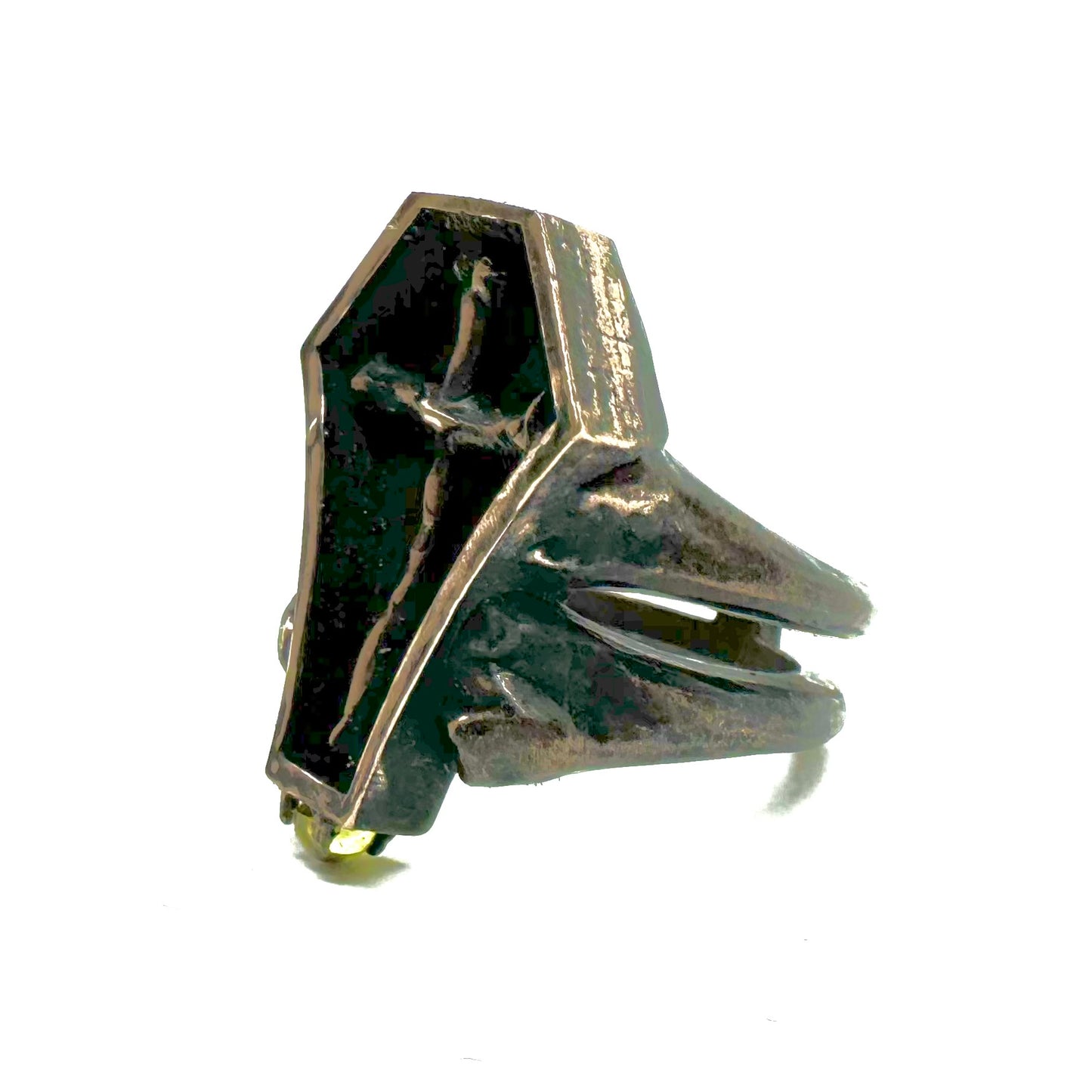 Morrigan's Mark Bronze Coffin Bone Cross Bone Peridot Cab Band Brutalist Ring
