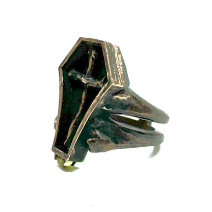 Morrigan's Mark Bronze Coffin Bone Cross Bone Peridot Cab Band Brutalist Ring