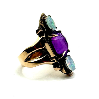 Shadowcaster Bronze Austrlian Opal and Amethyst Brutalist Ring