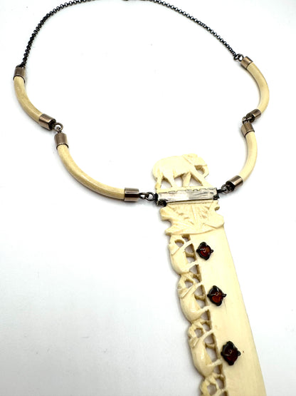 Dagger Amulet In Carved Bone And Amber accents in Sterling Silver