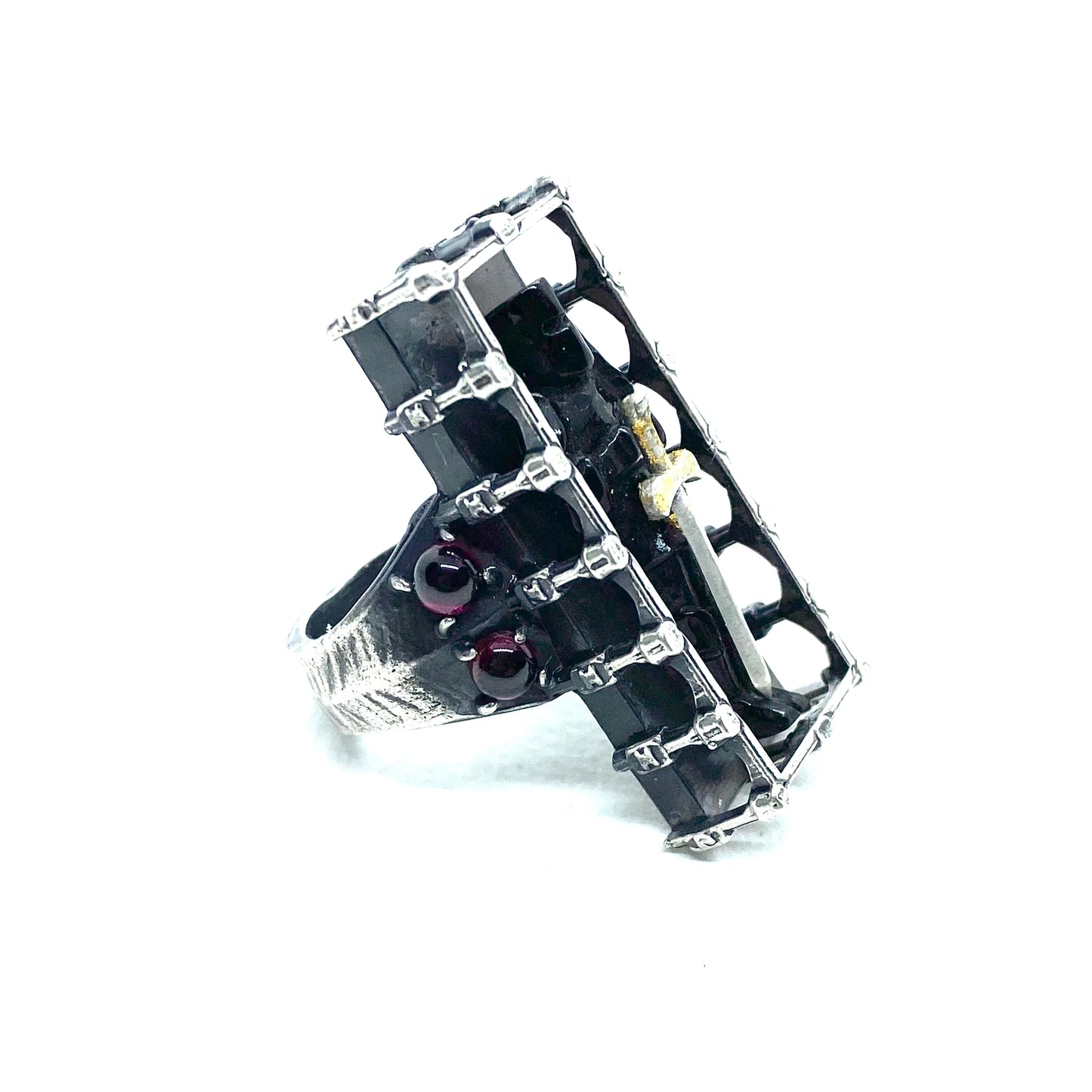Arthurian Black Knight Ring in Sterling Silver and Garnet