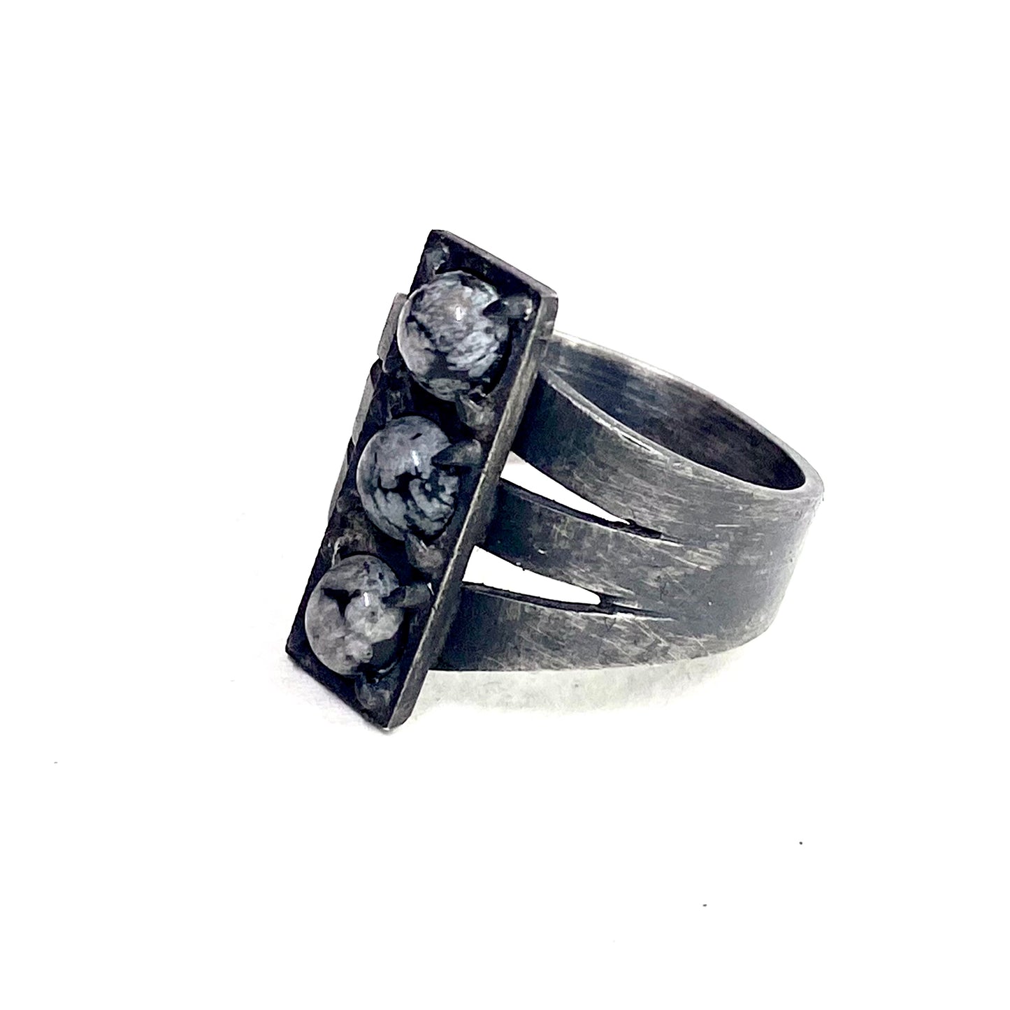Brutalist Ring with Snowflake Obsidian in Sterling Silver