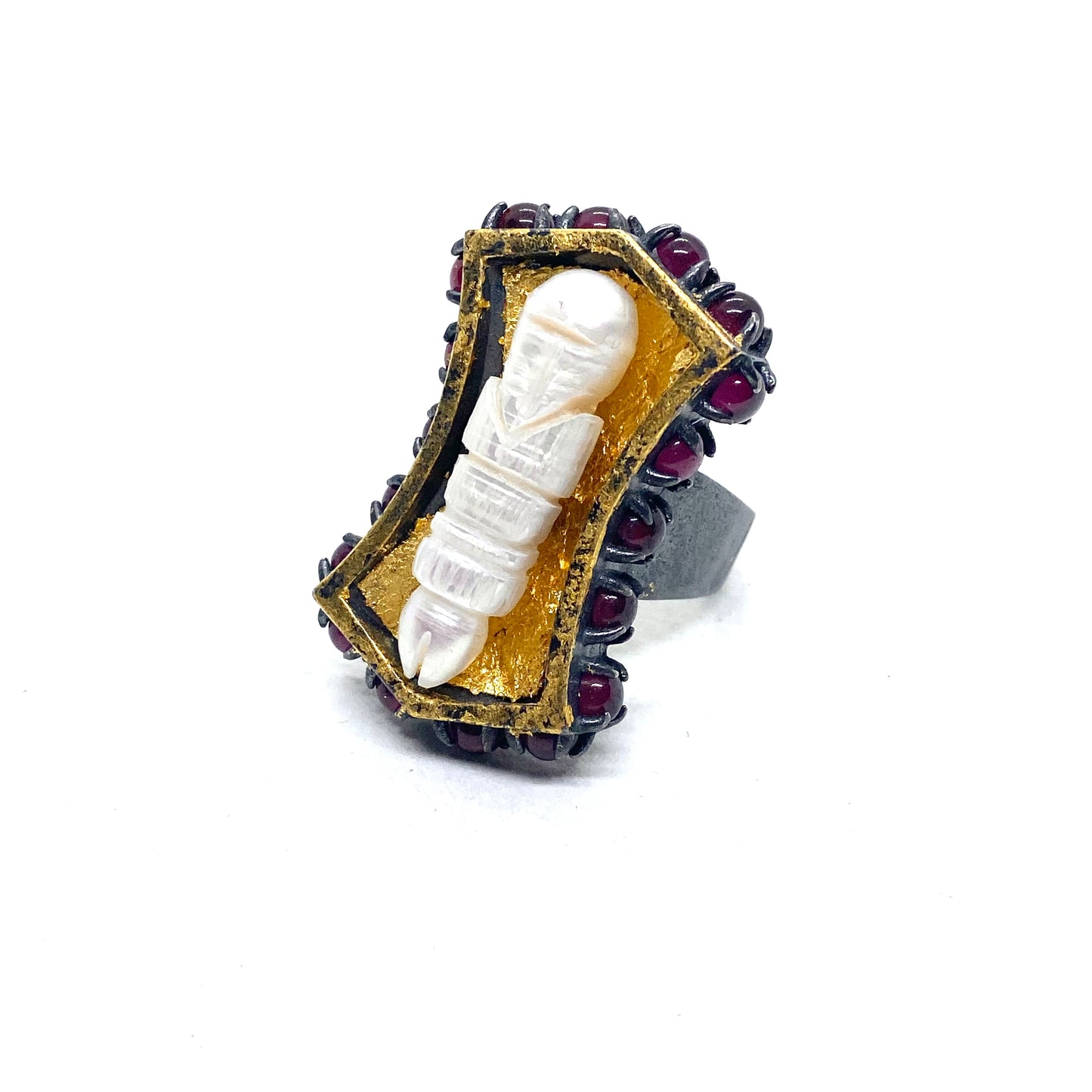 Coffin Ring in Sterling Silver and Garnet With Pearl
