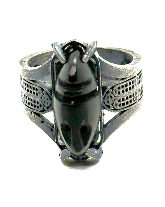 Templer’s Helm Carved Jet Mask Gothic Ring in Sterling Silver