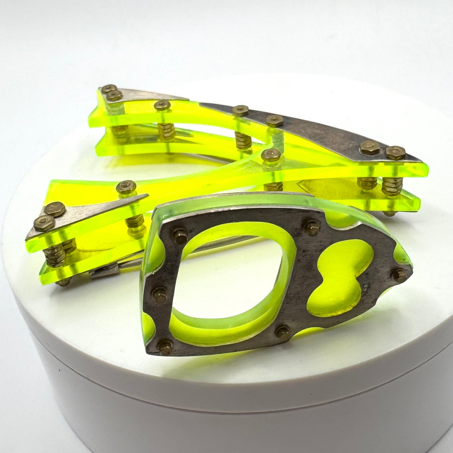 Geometric Brooch Ring In Fluorescent Acrylic and Sterling Silver