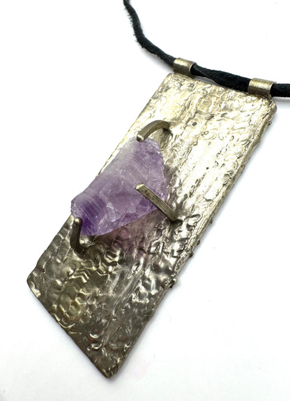Talisman With Raw Amethyst with White Bronze on Leather