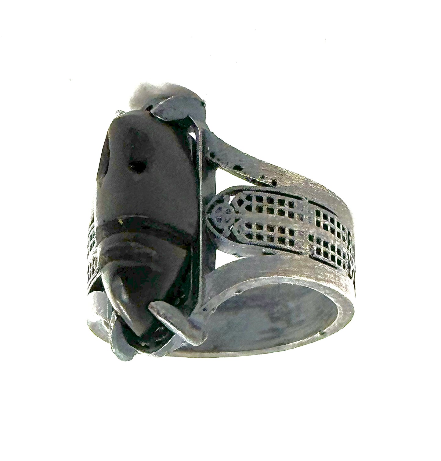 Templer’s Helm Carved Jet Mask Gothic Ring in Sterling Silver