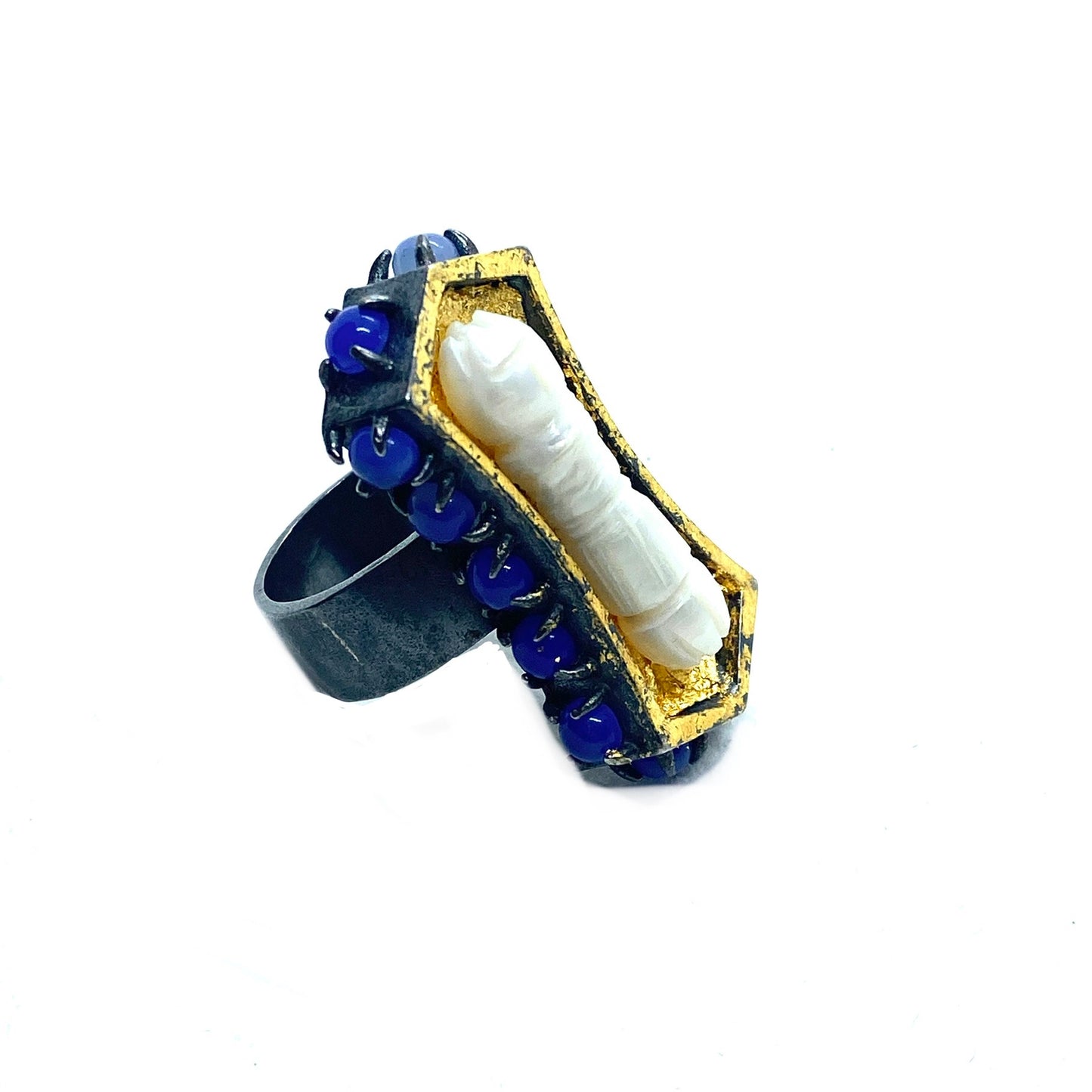 Coffin Ring in Sterling Silver and Blue Onyx With Pearl