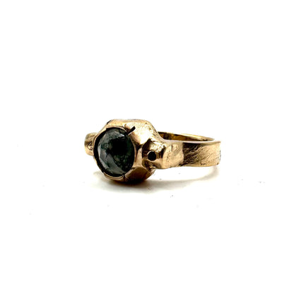 Geometric Brutalist Moss Agate Modern Ring in Bronze
