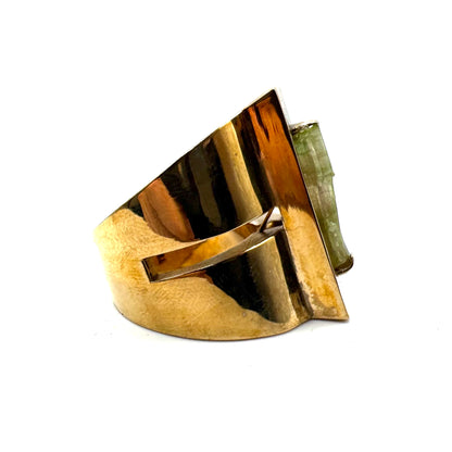 Brutalist Green Tourmaline Modern Ring in Bronze