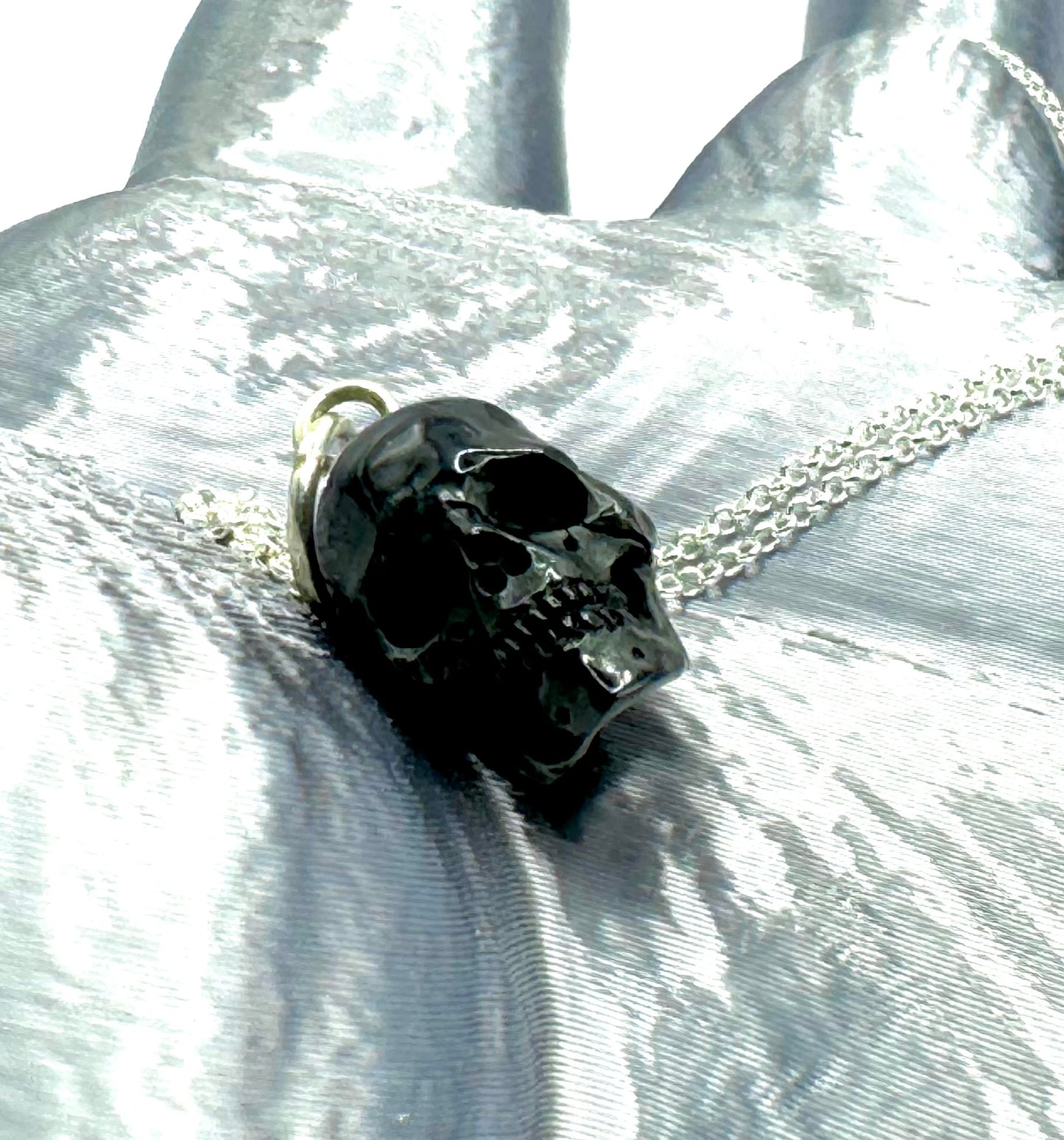 Carved Ebony Skull Necklace Sterling Silver