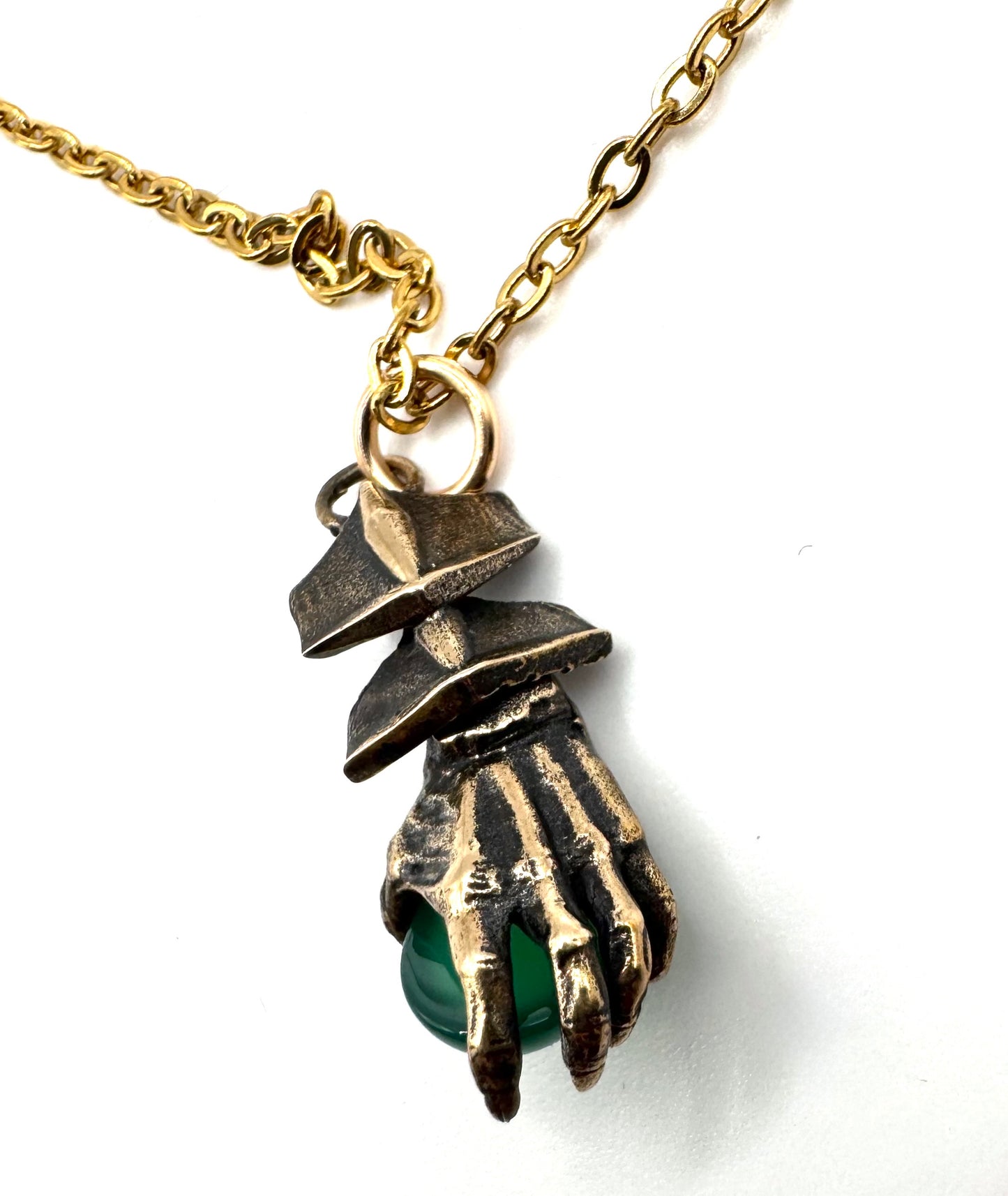 Mini Abaddon Hand Green Onyx Necklace In Bronze