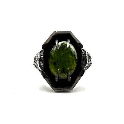 Green Knight Ring with Chrome Chalcedony and Garnet in Sterling Silver