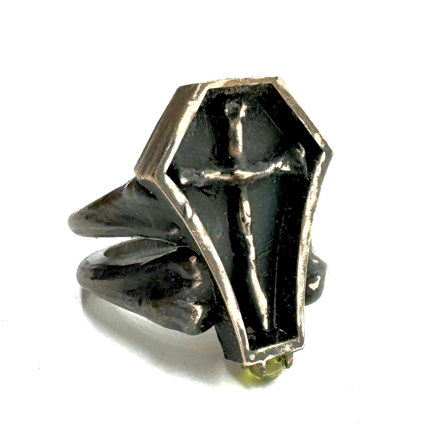 Morrigan's Mark Bronze Coffin Bone Cross Bone Peridot Cab Band Brutalist Ring
