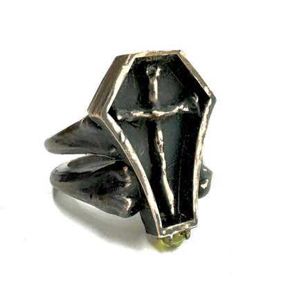 Morrigan's Mark Bronze Coffin Bone Cross Bone Peridot Cab Band Brutalist Ring