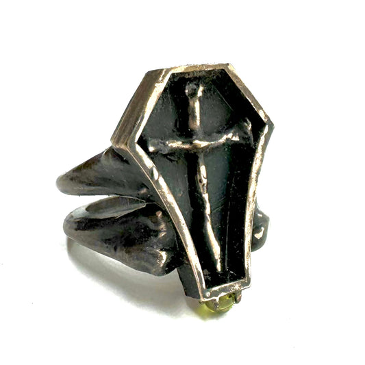 Morrigan's Mark Bronze Coffin Bone Cross Bone Peridot Cab Band Brutalist Ring