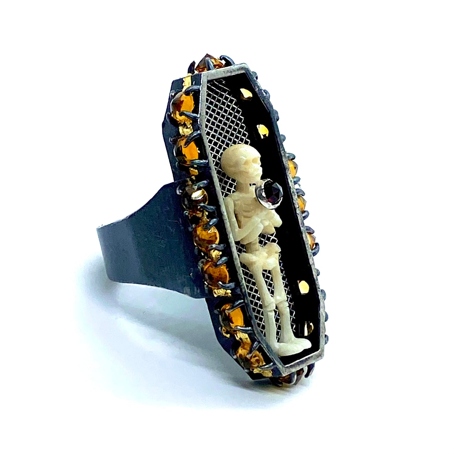 Hephaestus’s Smite Carved Cow Bone Coffin Ring in Sterling Silver With Citrine and Garnet