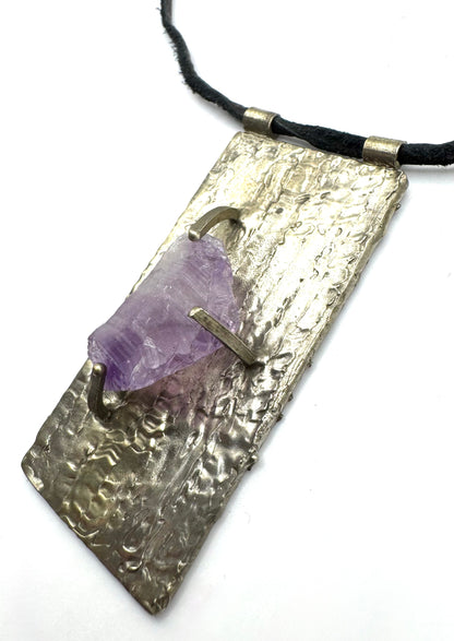Talisman With Raw Amethyst with White Bronze on Leather