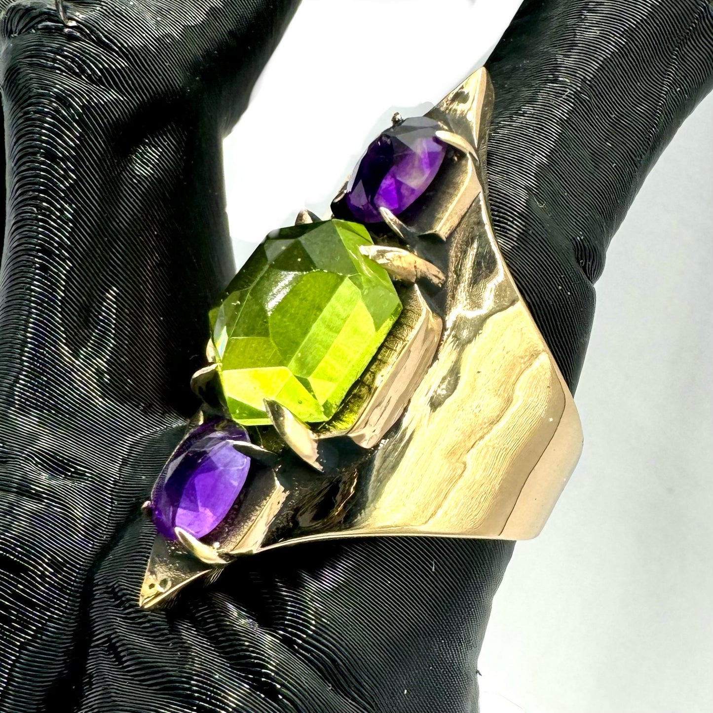 Mage’s Rath Bronze Amethyst and Peridot Brutalist Ring