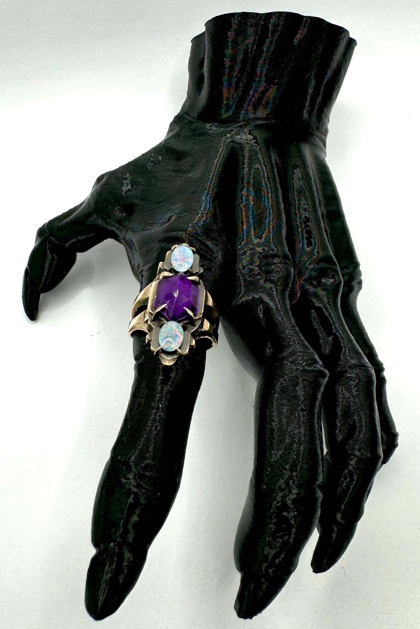 Shadowcaster Bronze Austrlian Opal and Amethyst Brutalist Ring