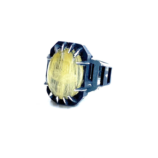 Brutalist Ring with Golden Rutilated Quartz in Sterling Silver