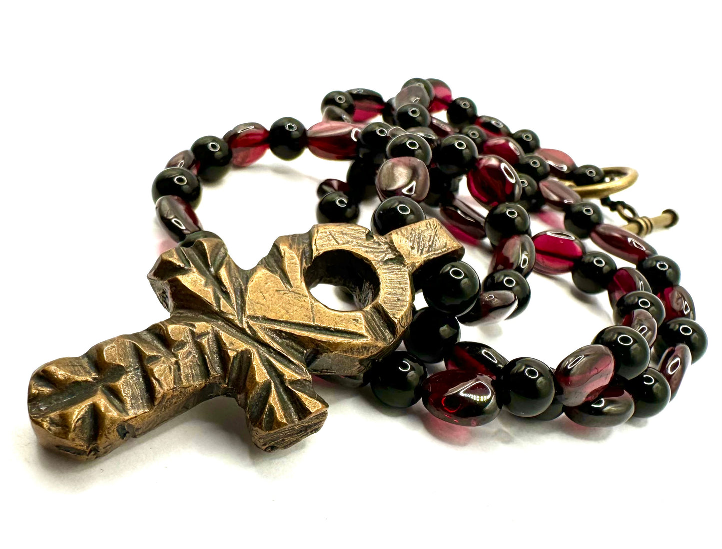 Bronze Ankh on a Garnet and Black Onyx Beaded Necklace with Bronze Toggle