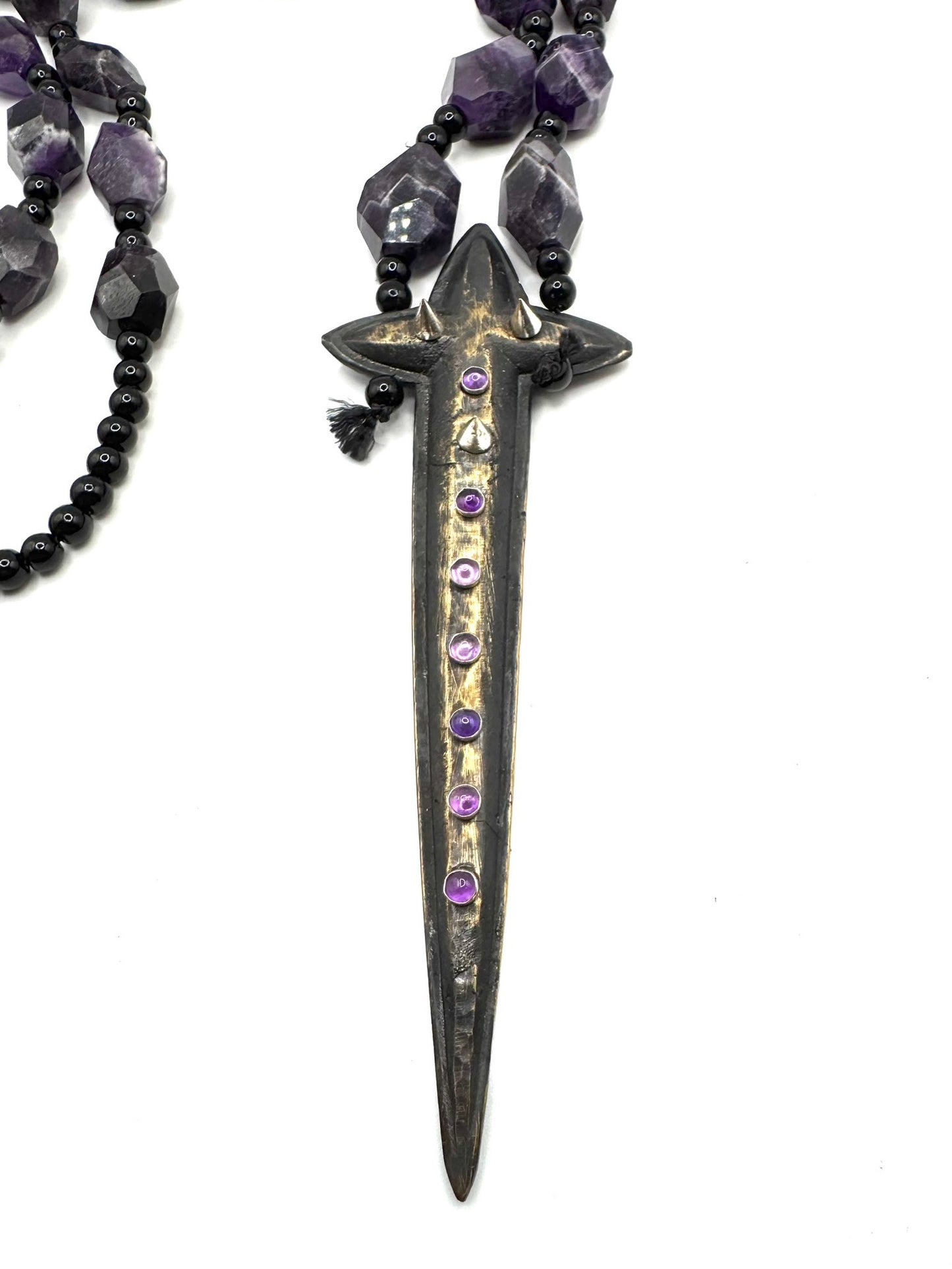 Sword Cross and Amethyst and Silver Spikes in Bronze Necklace