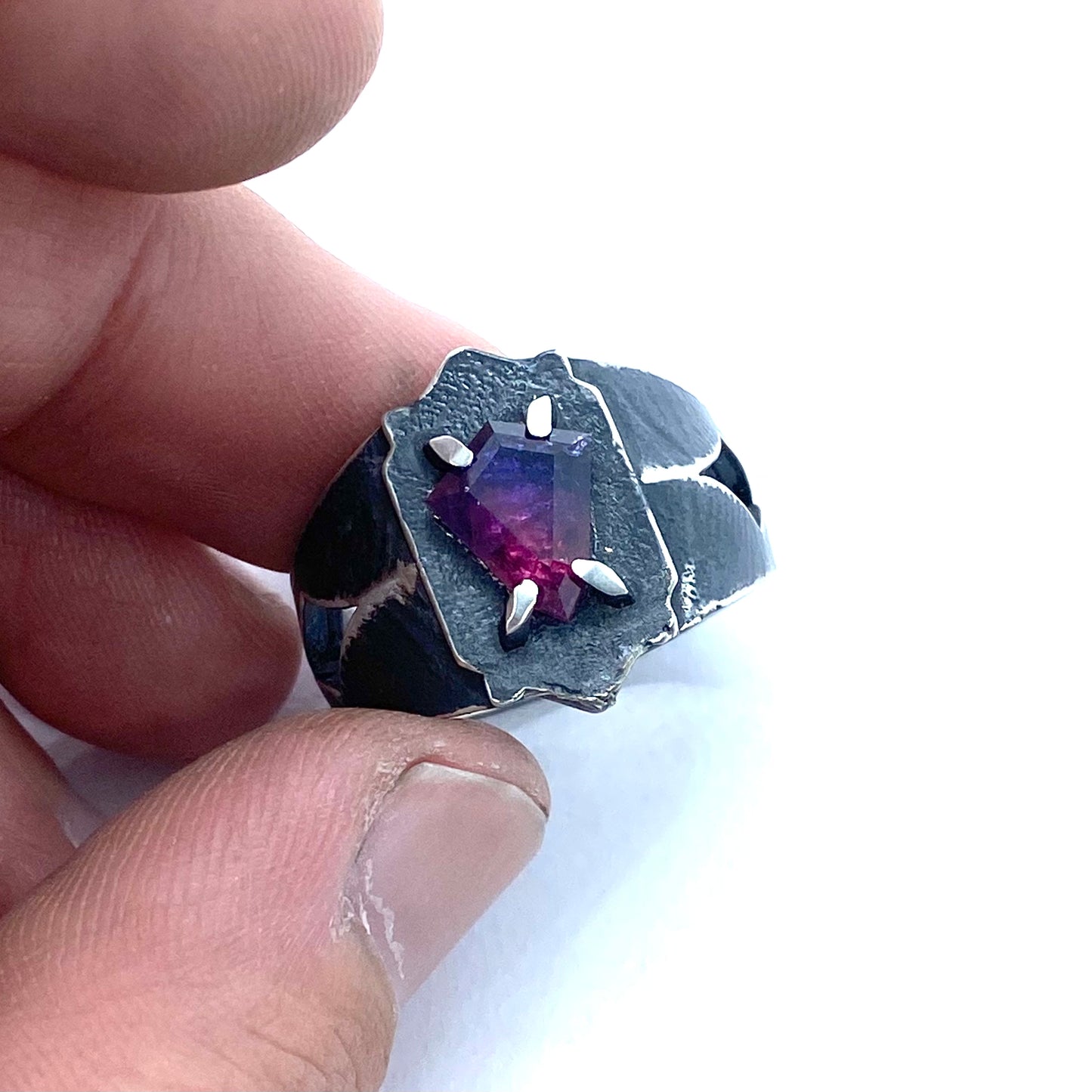 Brutalist Ring with Pink And Purple Winza Sapphire in Sterling Silver