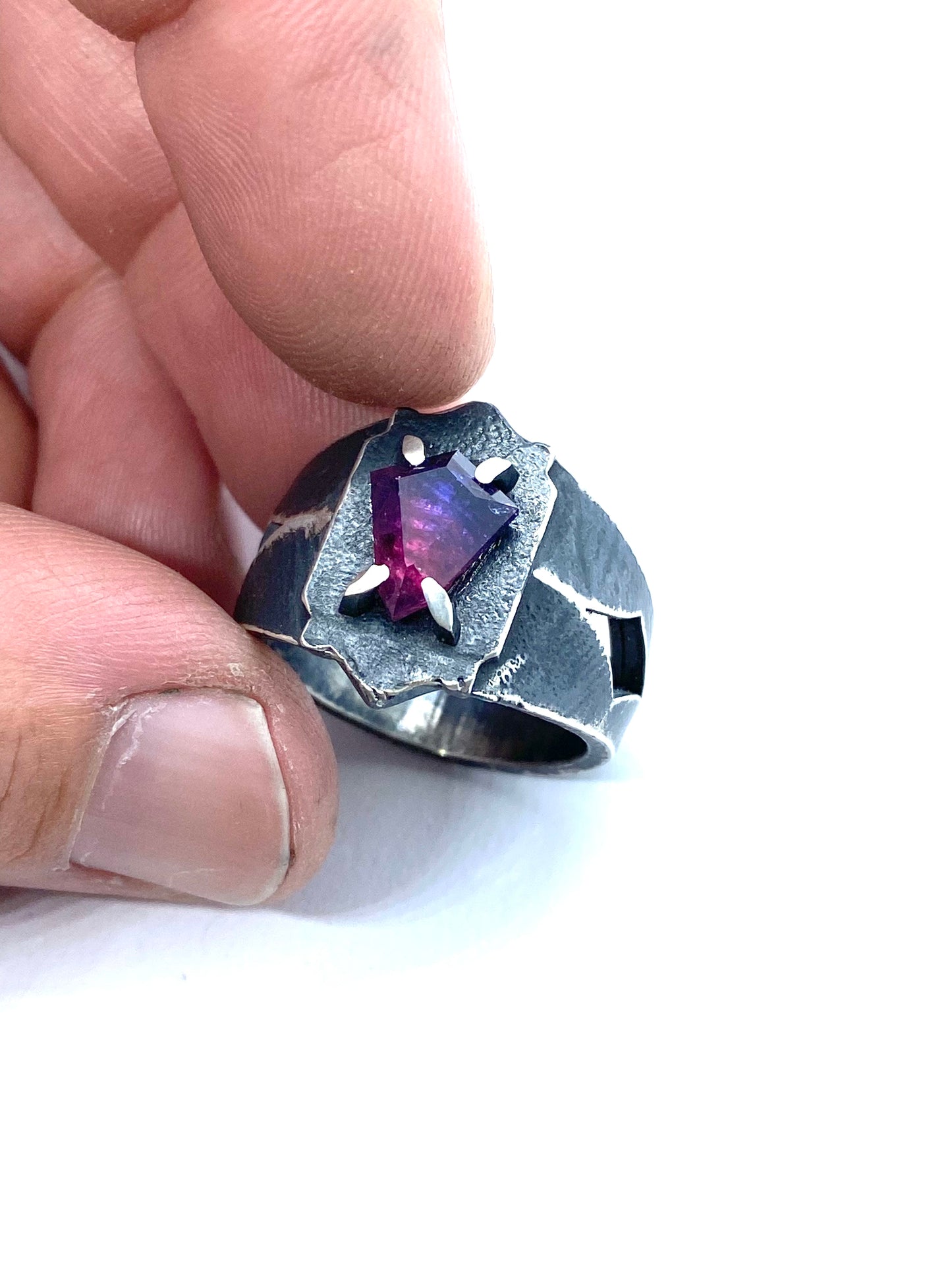 Brutalist Ring with Pink And Purple Winza Sapphire in Sterling Silver