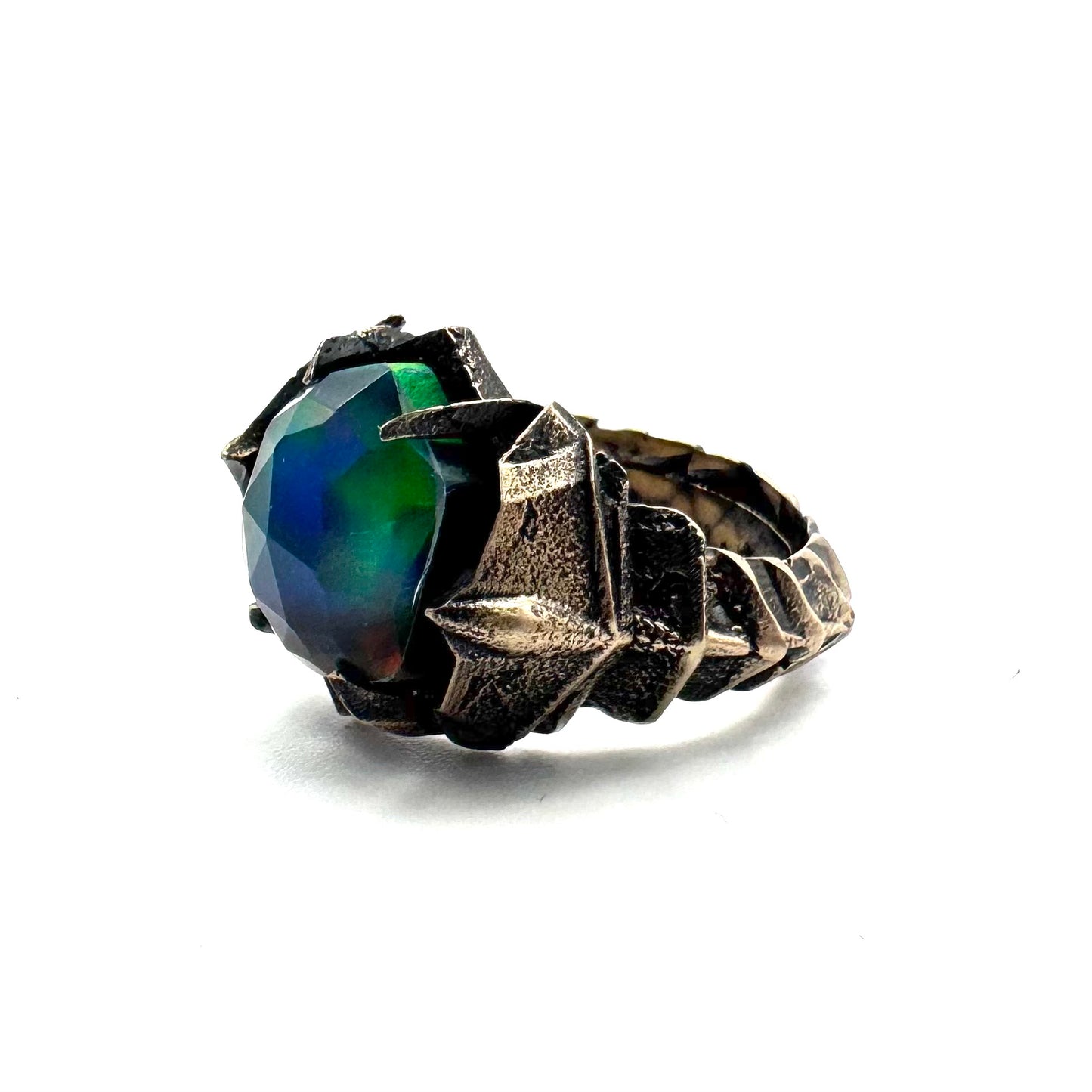 Black Knight’s Ring Set with Aurora Opal  in Bronze