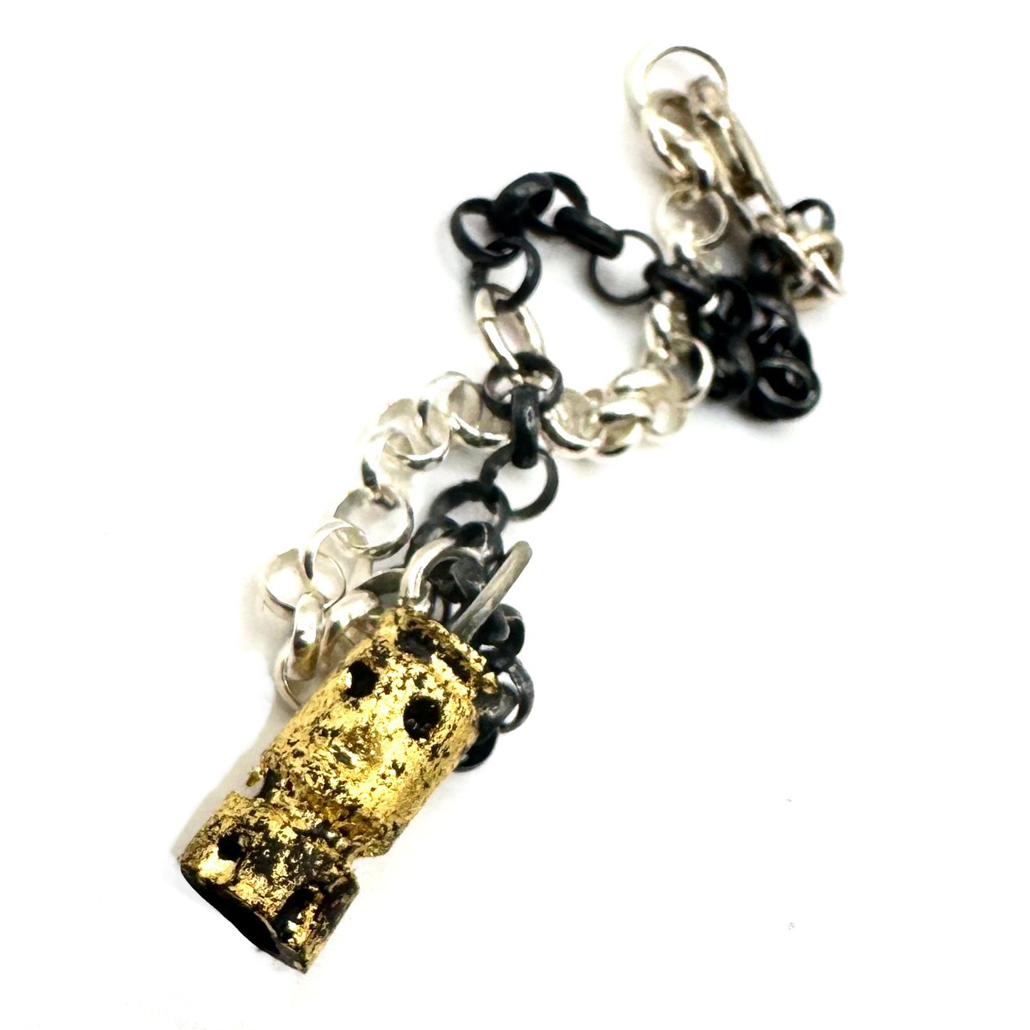 Carved Monk Charm Bracelet in Sterling silver and Wood with 23k Gold Leaf