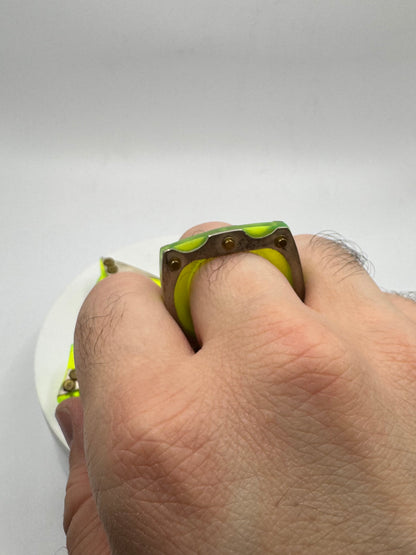 Geometric Brooch Ring In Fluorescent Acrylic and Sterling Silver