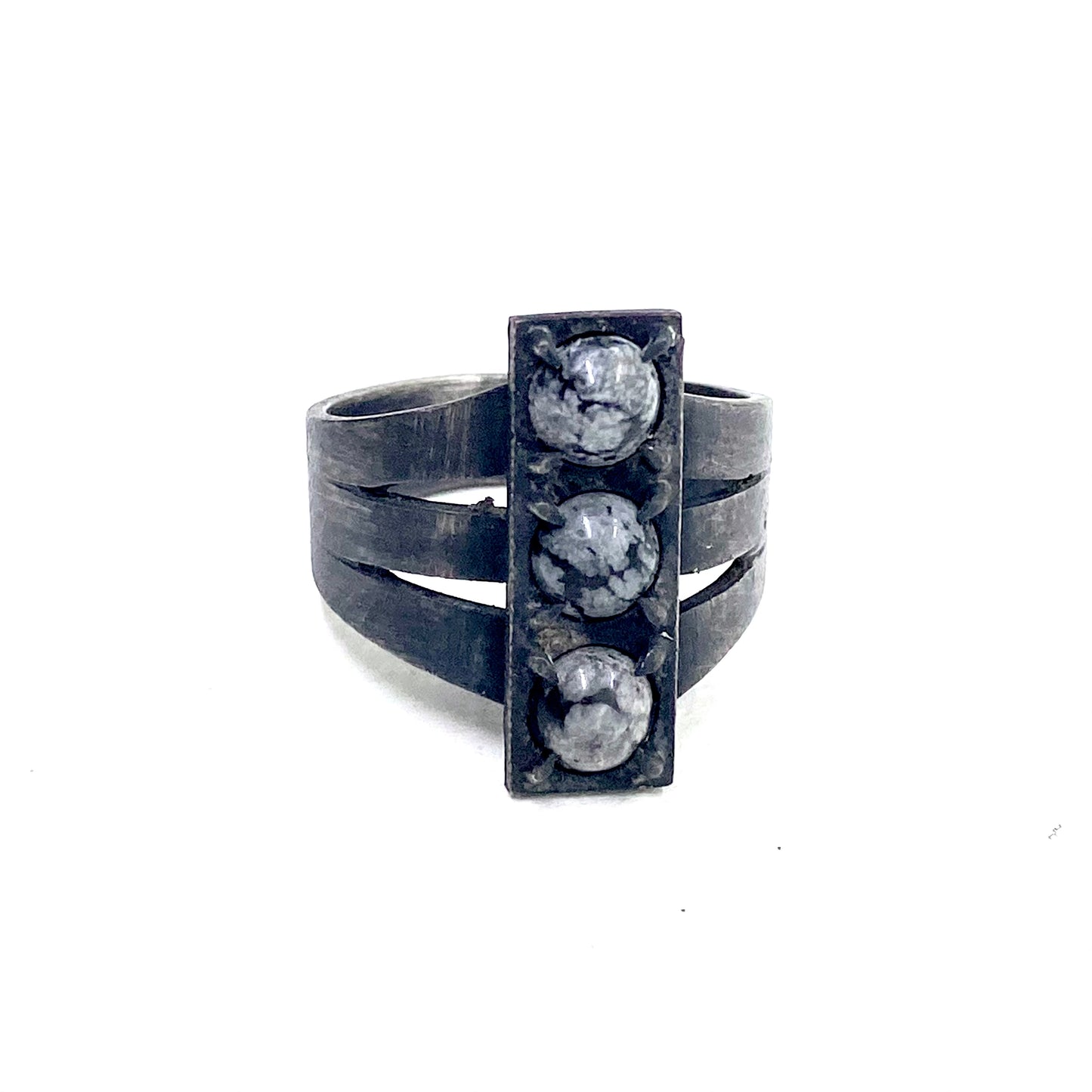 Brutalist Ring with Snowflake Obsidian in Sterling Silver