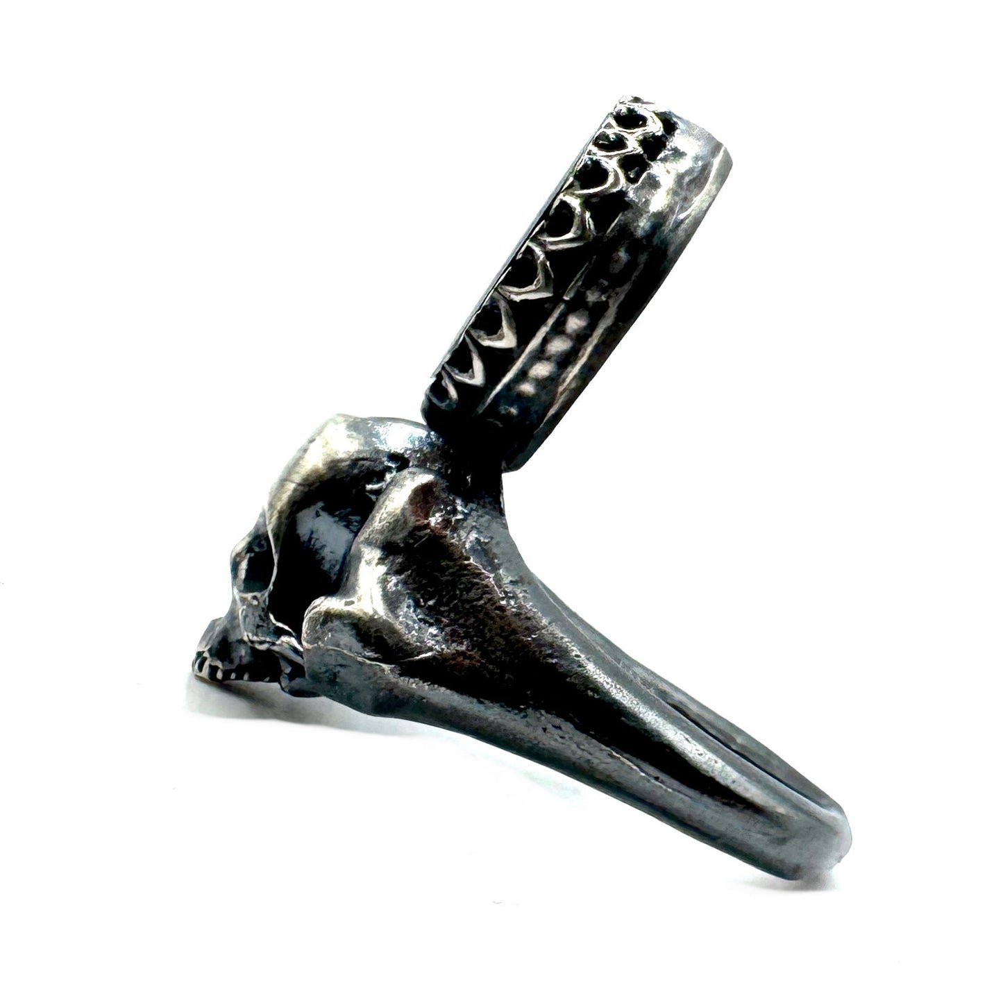 Yorick’s Crown Skull and Bones Ring in Sterling Silver with Intaglio Hematite