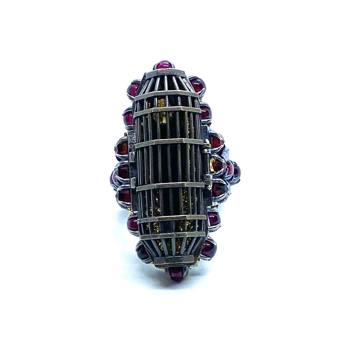 Carthusian’s Soul Carved Black Coral Monk Figure Iron Maiden Ring in Sterling Silver With Garnets and 23kt Gold leaf