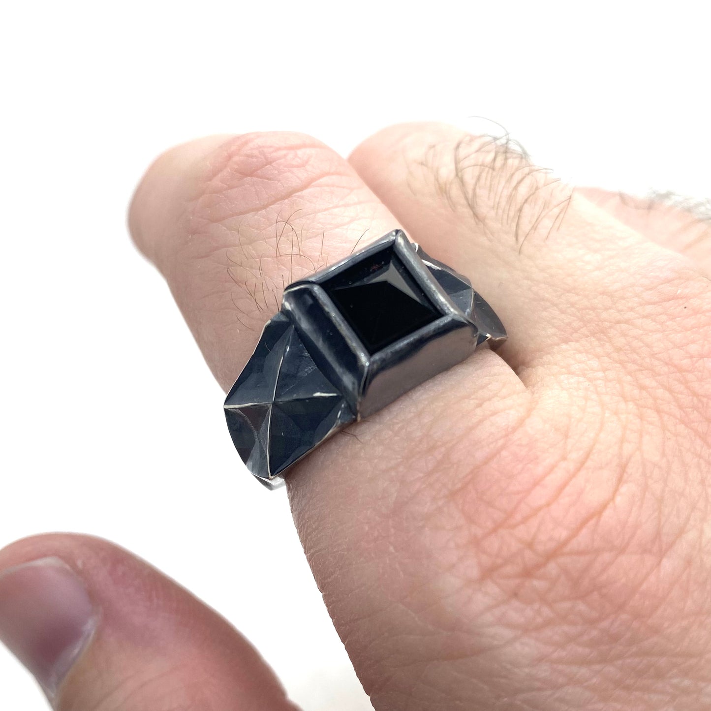 Brutalist Ring with Black Onyx Pyramid in Sterling Silver